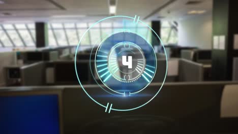 animación del alcance con procesamiento de datos y cuenta atrás en la oficina.