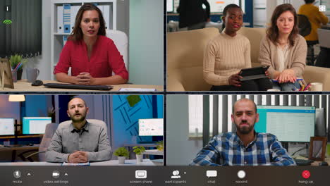 Employee-talking-on-video-call-with-diverse-colleagues