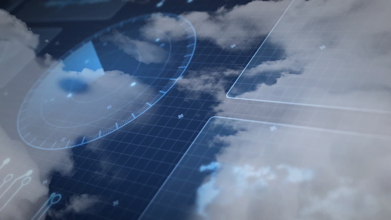 구름과 디지털 인터페이스 요소를 가진 미래의 기상 예보 애니메이션