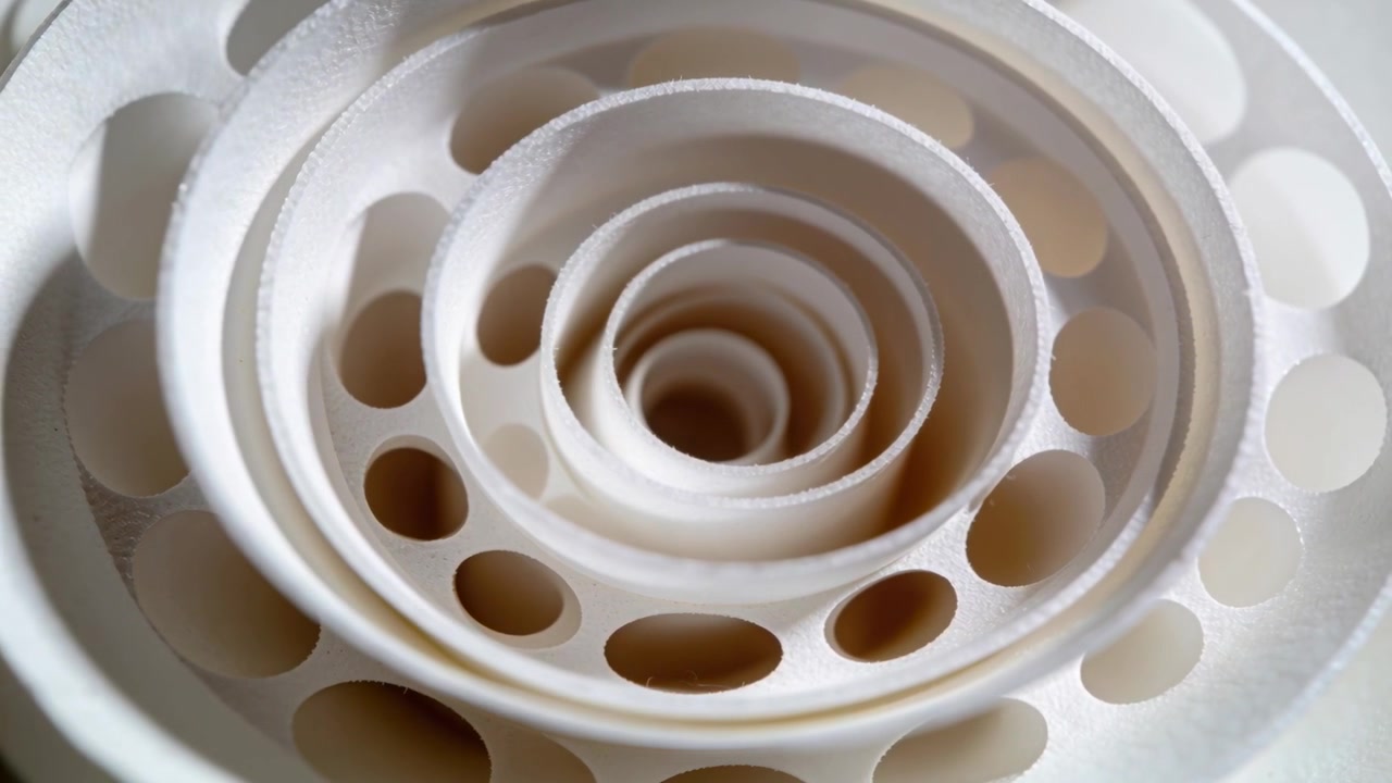 Gliding camera inward from outer-ring over white ringed spiral on table, soft-lit, revealing center