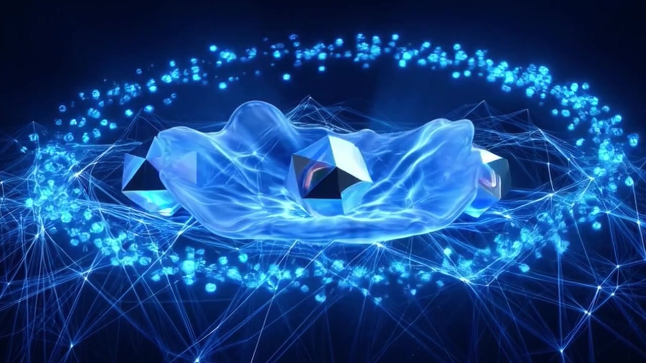 浮かぶ幾何学的な結晶と輝く青い粒子を伴う抽象デジタルネットワーク