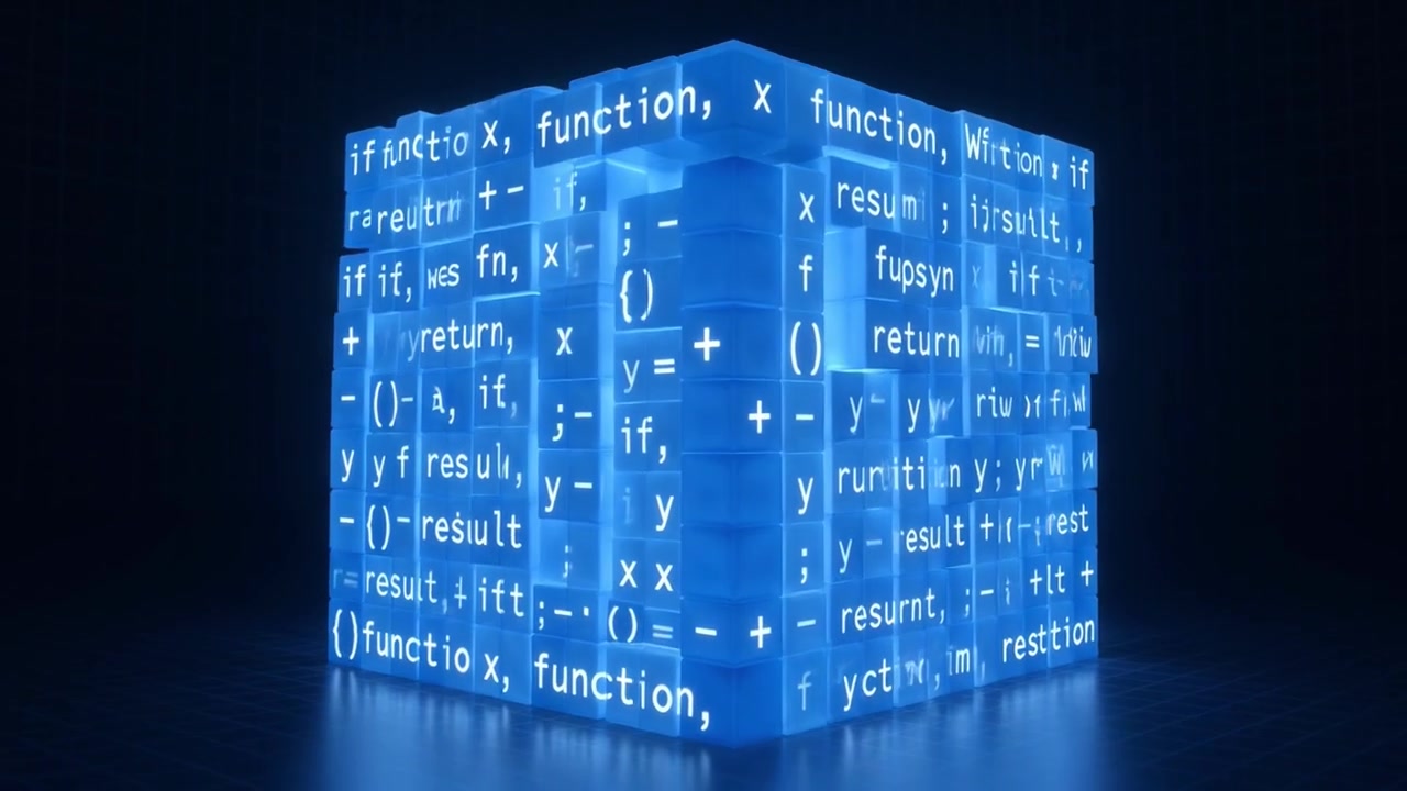 Glowing Blue Code Cubes Assembling into a Digital Block