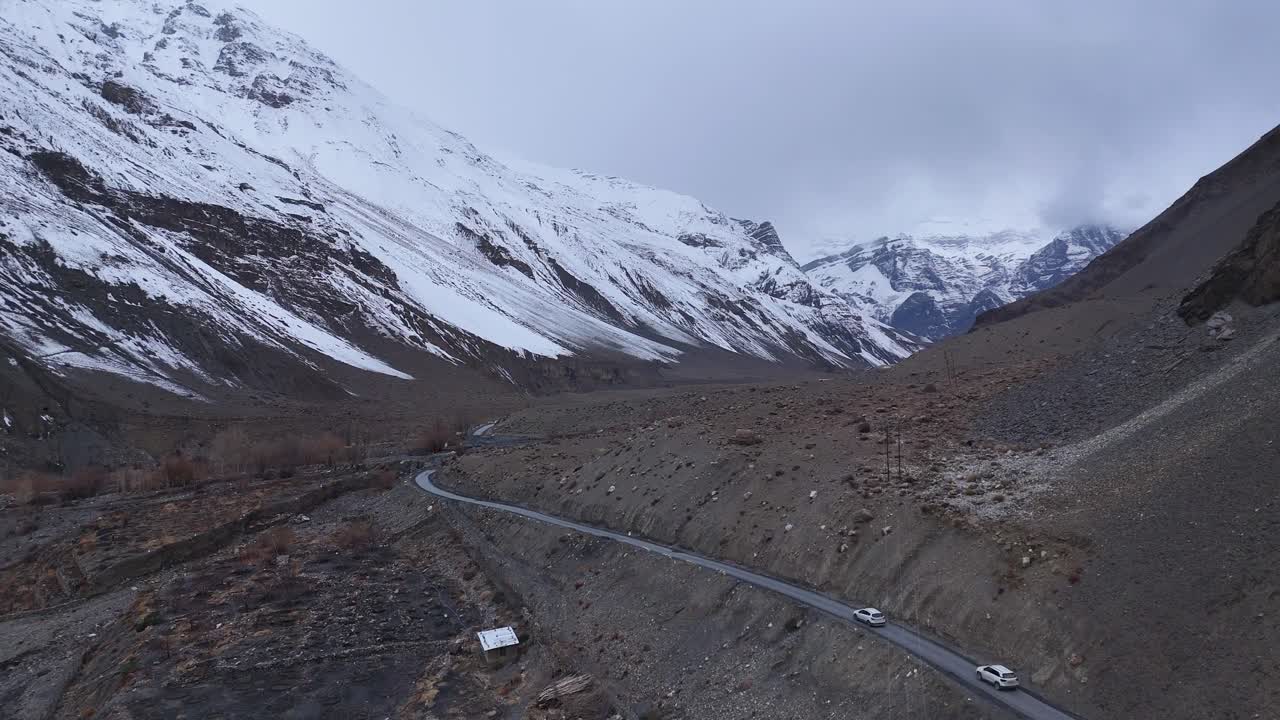 High-altitude Mountain Road with Snow-capped Peaks
