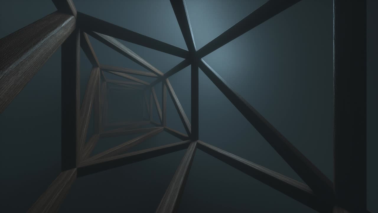 квадратный деревянный бесконечный туннель с ярким объемным мерцающим синим светом. абстрактный научно-фантастический фон. коридор. вспышки в тумане. строительство деревянных досок. движение вперед. 3d-анимация в 4k