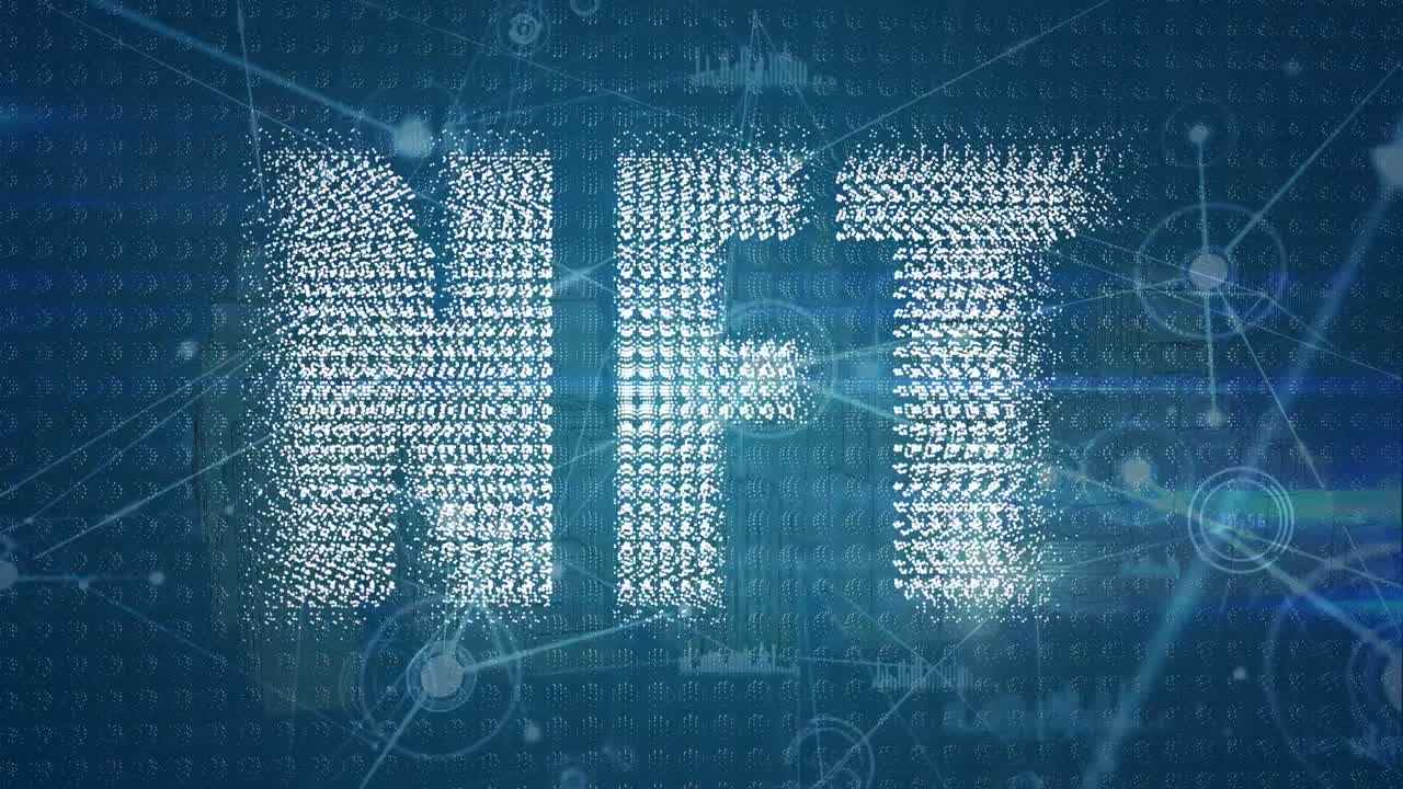 animación del procesamiento de datos y texto nft sobre fondo azul