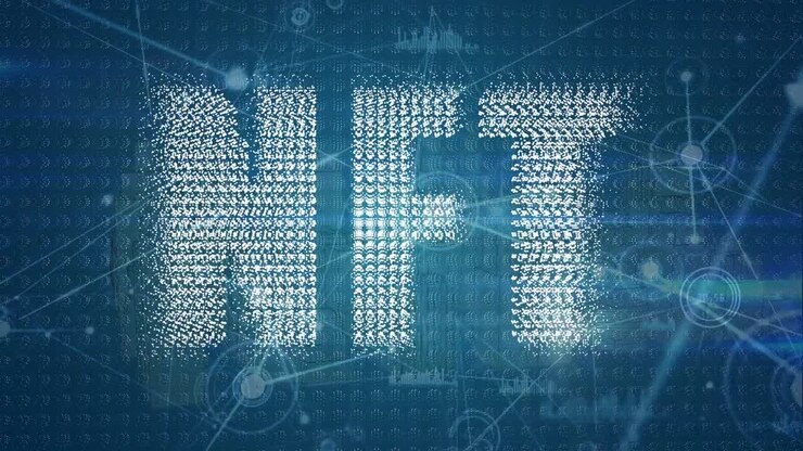 Animation of data processing and nft text over blue background