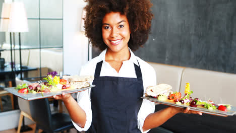 Portrait-of-smiling-waitress-holding-food-tray