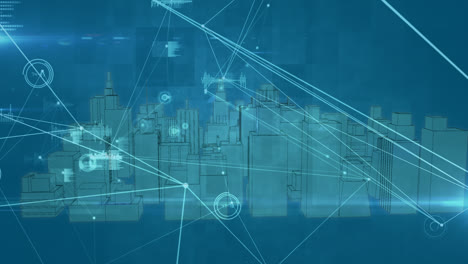 Animation-of-network-of-connections-over-digital-city-on-blue-background