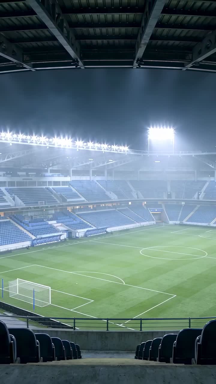 Video verticale: Sala di controllo che attiva le luci, illuminando il campo dello stadio e rivelando linee e porte.