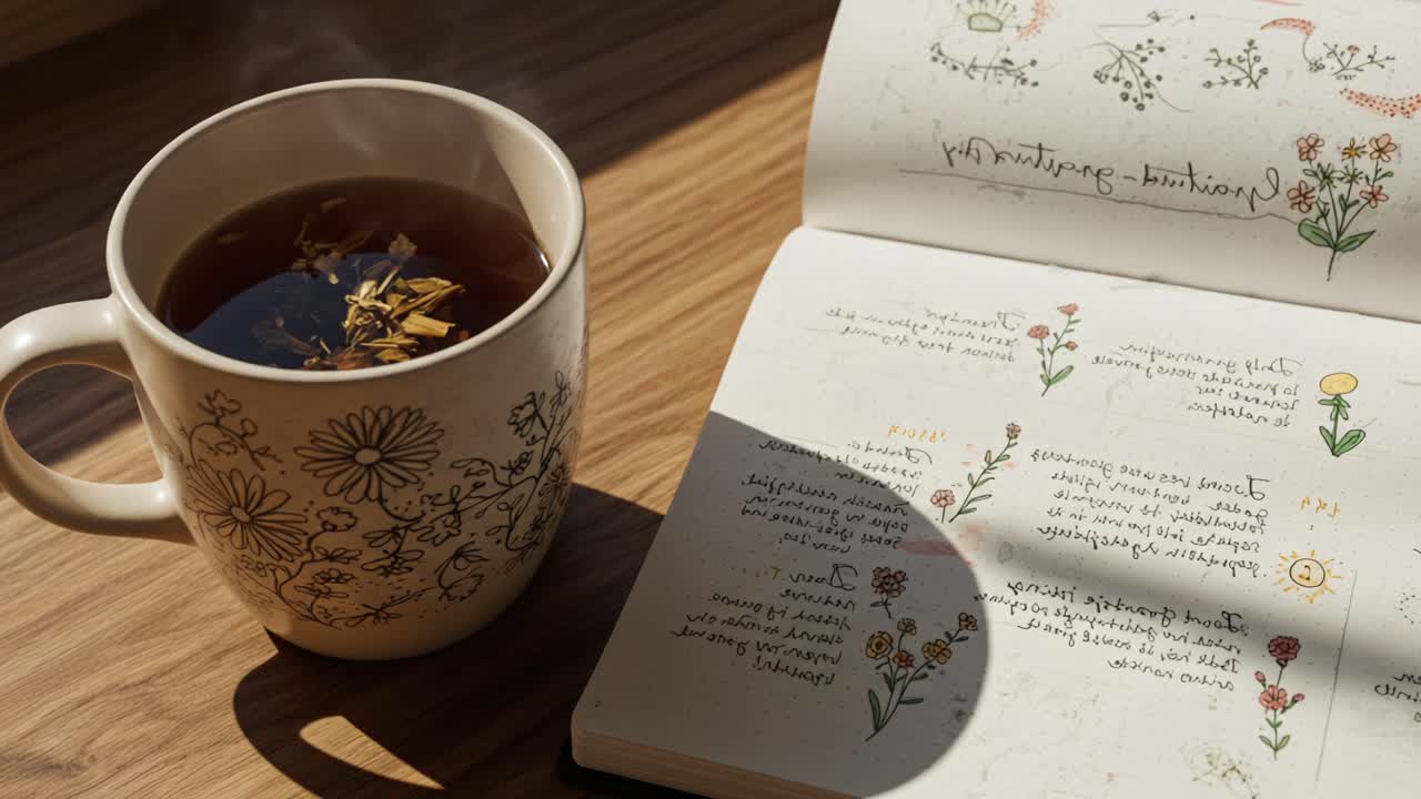 A Tranquil Moment of Reflection: Hot Herbal Tea and a Journal Filled with Floral Illustrations Set in Soft Natural Light