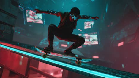 Cyberpunk Skater in Neon-Lit Urban Landscape