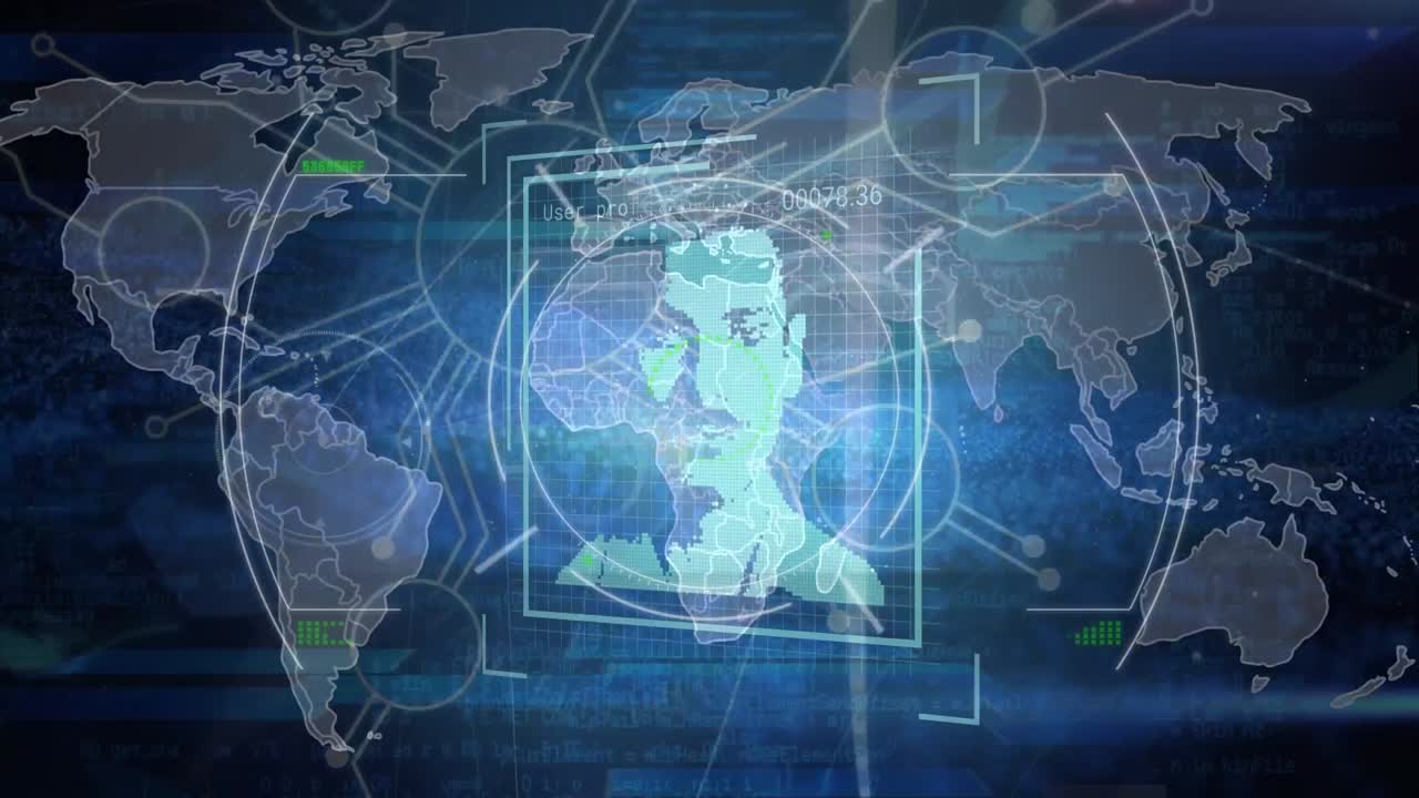 사람 아이콘과 세계 지도 위의 데이터 처리의 애니메이션