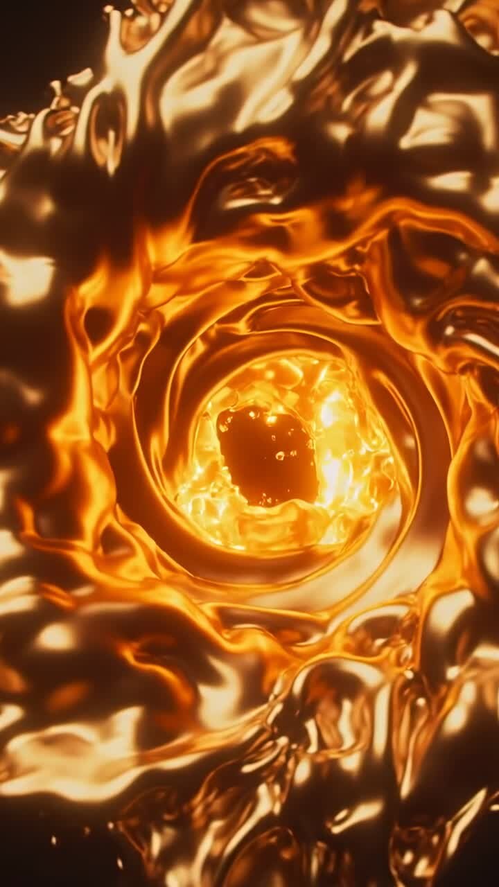 Vertical video: Simulating molten vortex contracting inward in void, brightening core with droplets