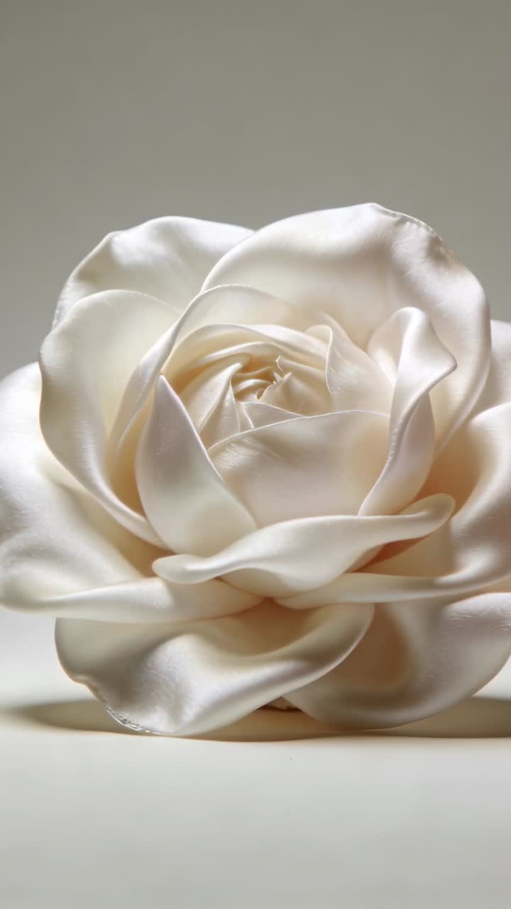 Video verticale: Telecamera che si avvicina a una rosa di raso bianca, rivelando petali lucidi per una ripresa di prodotto.