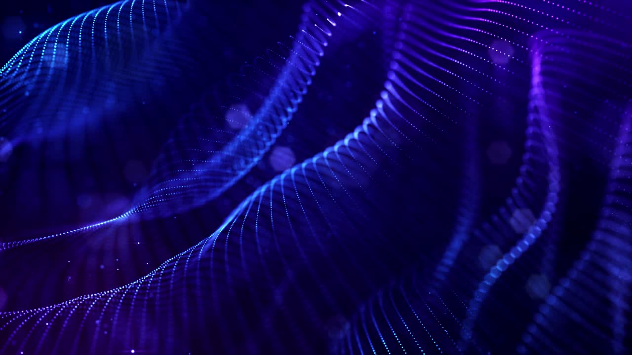Glow blue particles form lines, surfaces, complex string structures in smooth motion like in microworld or space. 4k looped sci-fi particle background with bokeh and light effects.
