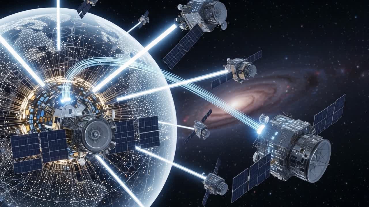 Exploration of a Futuristic Space Network: Cutting-Edge Satellite Technology and Cosmic Connectivity Surrounding a Vibrant Celestial Body Amidst a Distant Galaxy