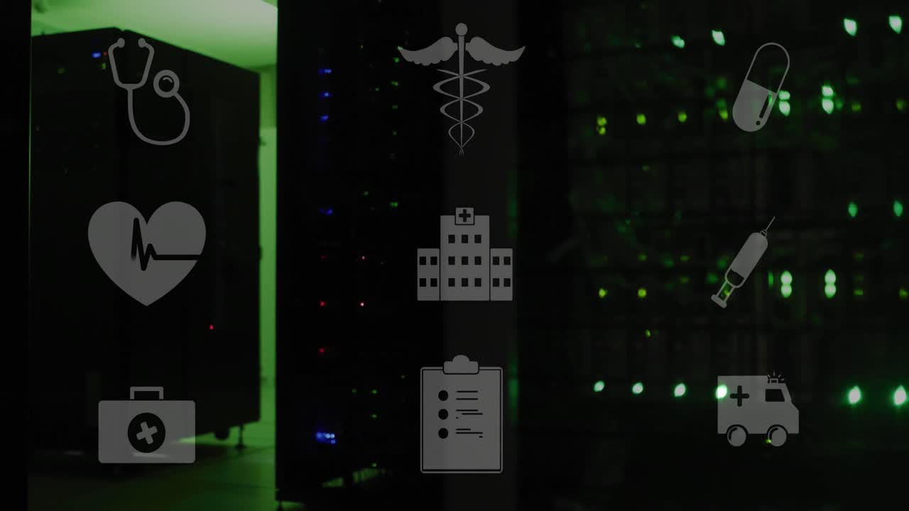 Animation of medical icons and data processing over computer servers