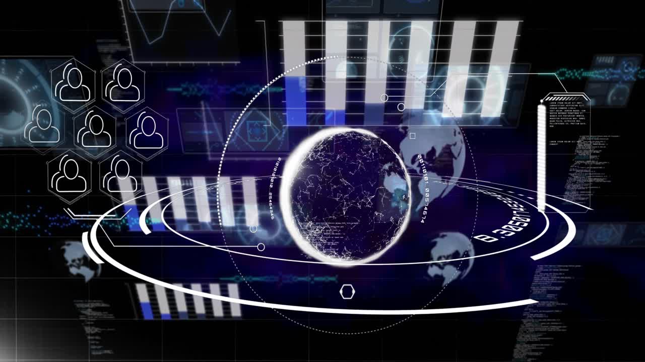 파란색 배경에 전 세계 통계와 함께 데이터 처리 구성