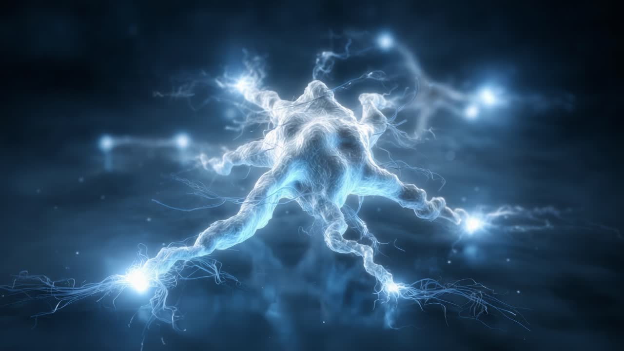 Stunning Visualization of a Neuron with Electrifying Synaptic Activity Highlighting the Intricacies of Neural Communication and Brain Connectivity
