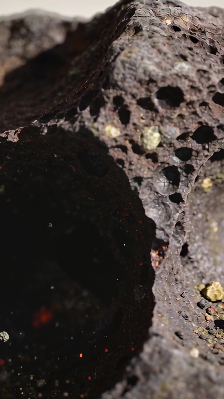Vertical video: Panning camera after focus shift showing rock cavity in studio with glowing specks