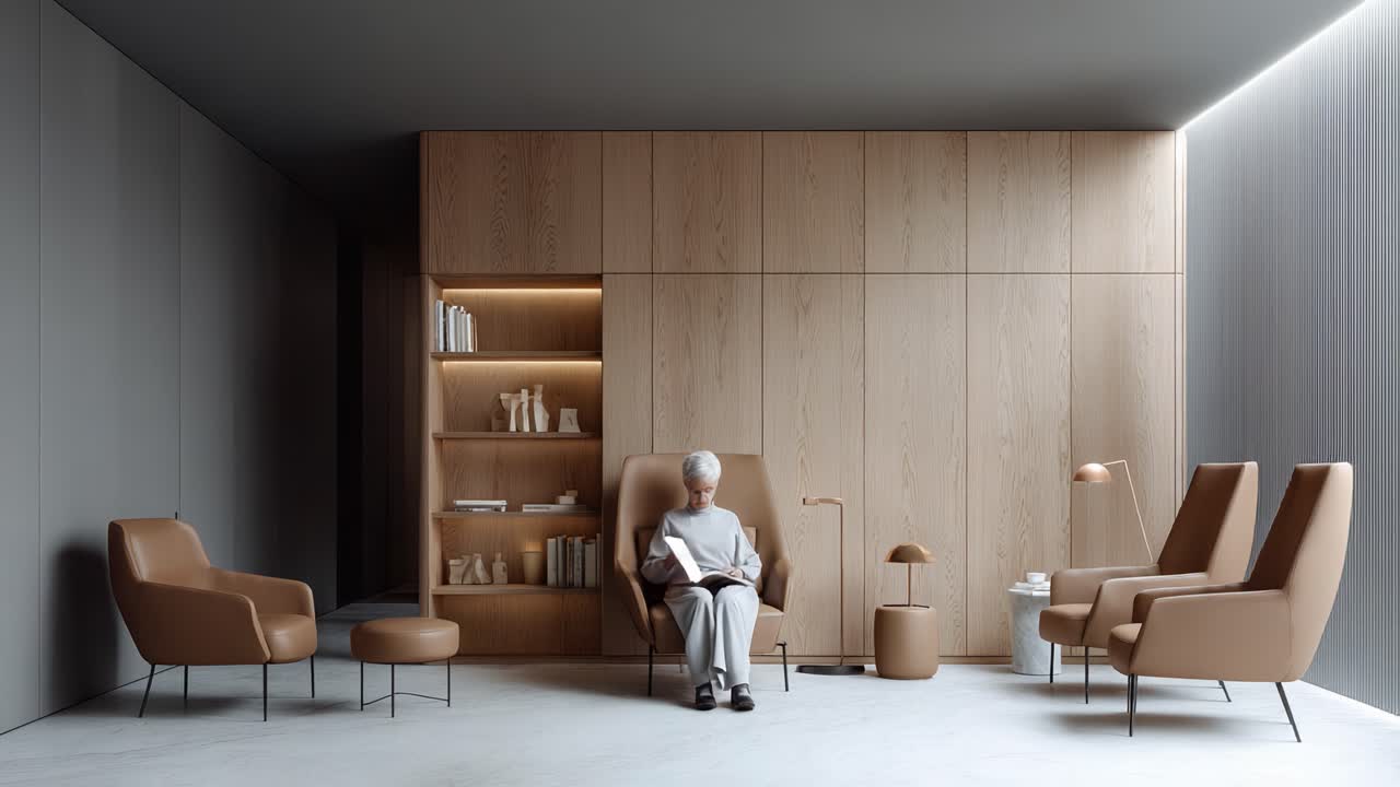 A Serene Reading Nook Featuring Modern Furniture and Soft Lighting, Perfect for Relaxation and Quiet Reflection in a Minimalist Space