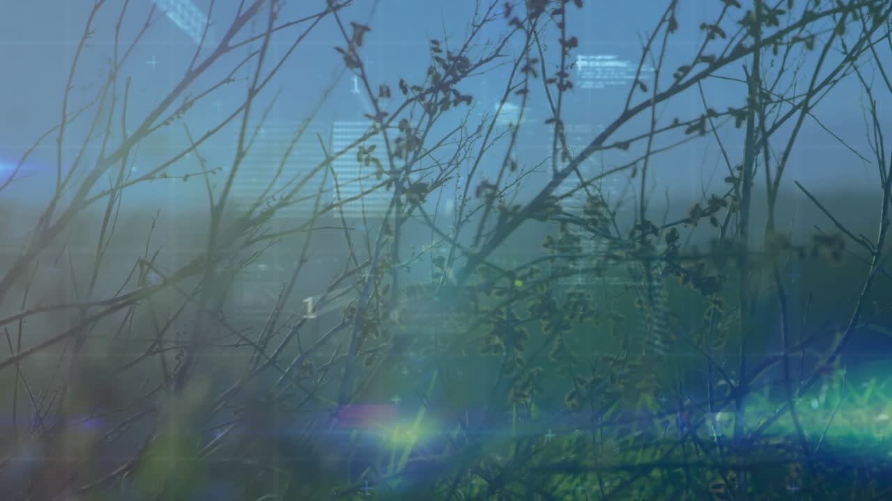 HUD overlay fading, forming charts, beam crossing, branches staying visible, showing data