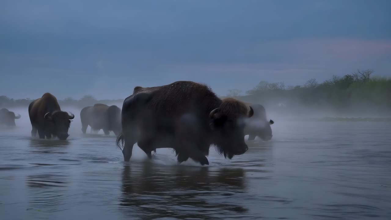 Prompt per movimento ispirato dalla foschia dell'alba, guida un bisonte adulto che guada un fiume poco profondo, con il resto della mandria che sguazza.