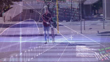 man pushing bicycle across zebra-striped crosswalk, showing financial charts and binary code