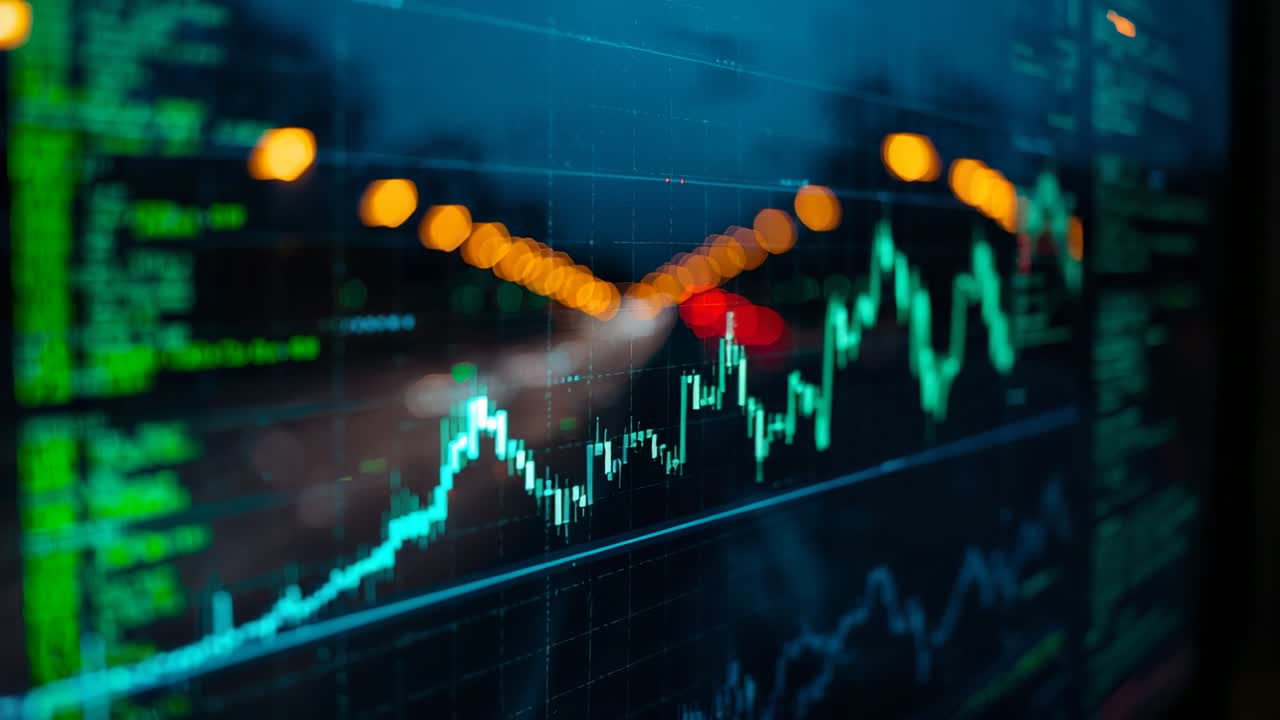 Reacting to market update, line chart fluctuating on trading monitor, reflecting price shifts