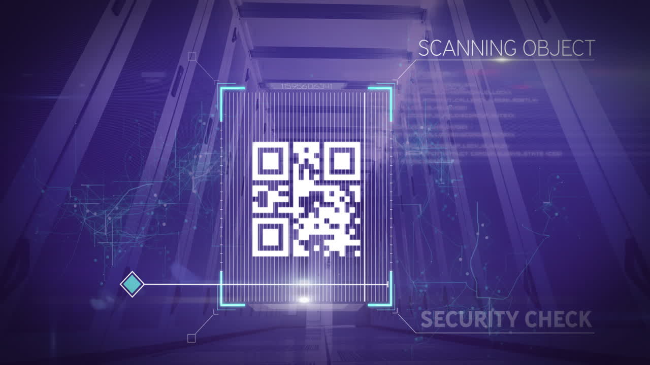 Animation of data processing and qr code scanning over server room