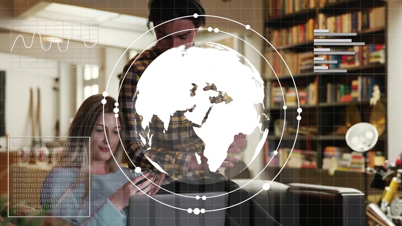 Woman tapping smartphone, man leaning on sofa, causing holographic globe, charts aiding IT analysis