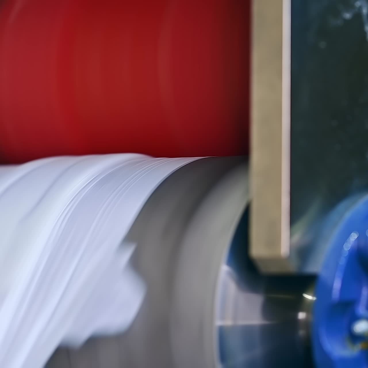 Two big shafts rotating quickly and moving the material for nappies. The technological process of diapers production. Movement of fiber on the conveyor line