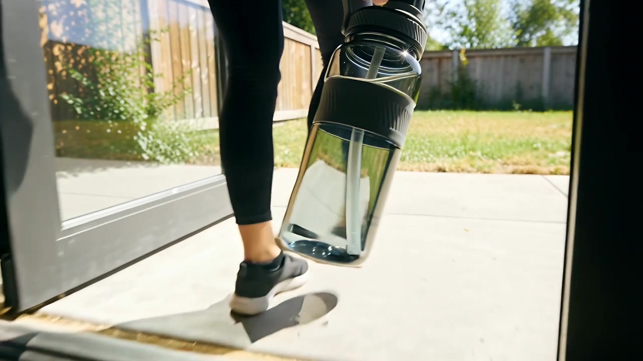 Donna che cammina in leggings neri che porta una bottiglia d'acqua trasparente per il manico attraverso una porta scorrevole verso il patio