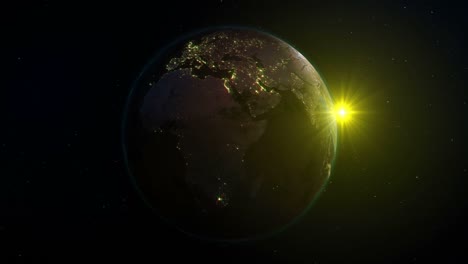 realistic earth, rotating in space against the background of the starry sky and the sun (loop)