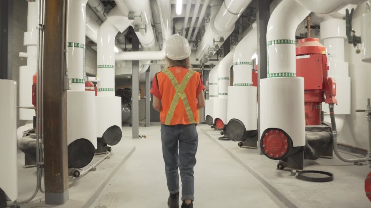 건설 노동자 가 전기 기계 사이 를 고 있다