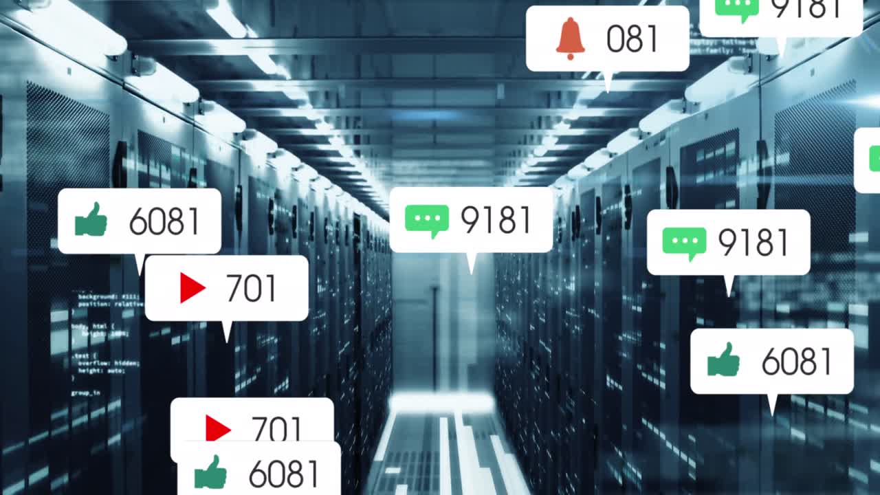 animación de iconos y números de redes sociales y procesamiento de datos a través de servidores informáticos