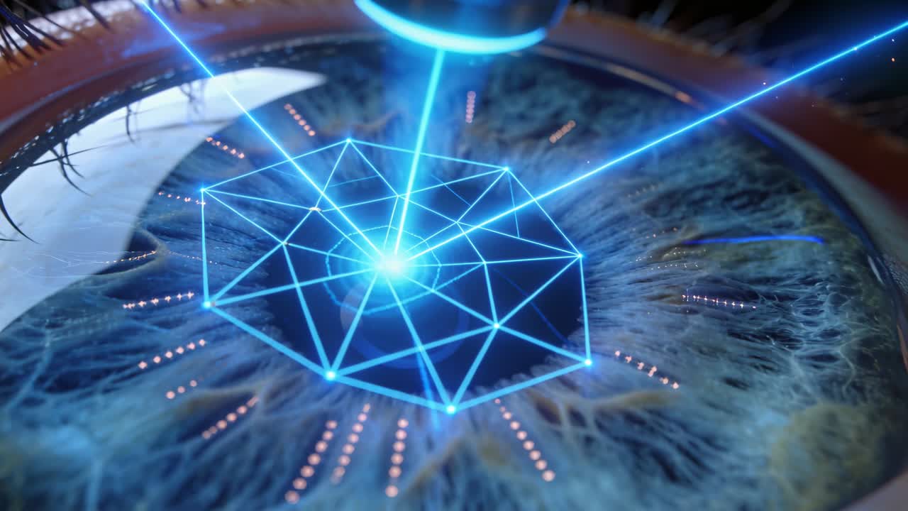 Dispositivo in funzione che allinea un ugello di precisione sull'occhio in una clinica, proiettando una griglia laser blu per la scansione