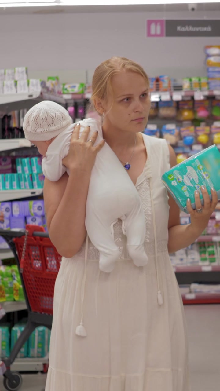 Madre che fa la spesa con i bambini e compra i pannolini per il neonato al supermercato