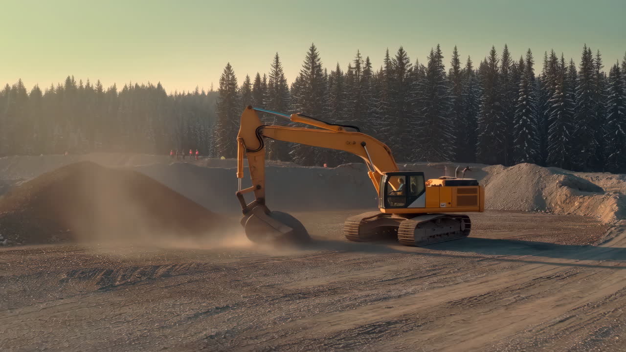 Excavator working at a construction site in a winter landscape at sunset