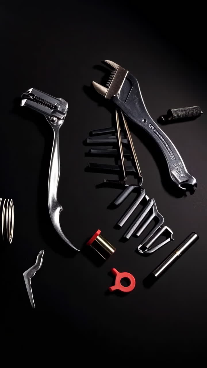 Collection of Assorted Tools and Mechanical Parts on a Black Background