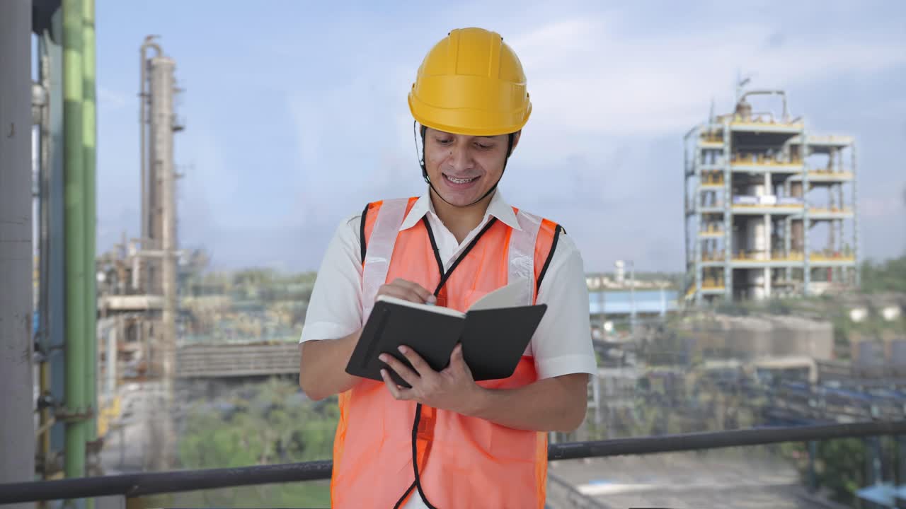arquitecto indio feliz escribiendo notas del edificio