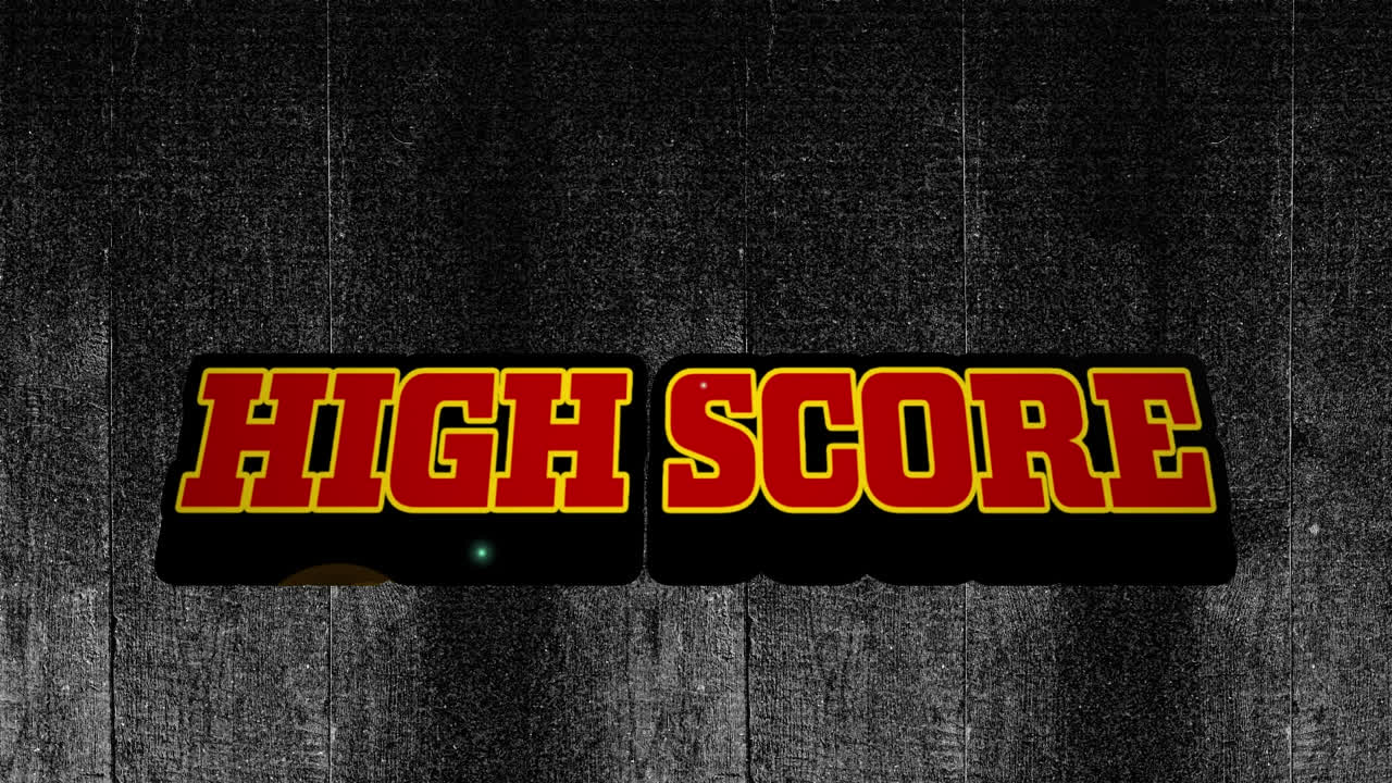 Animation of digital red high score text with illuminated light over abstract background, copy space