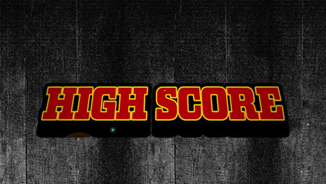 animation of digital red high score text with illuminated light over abstract background, copy space