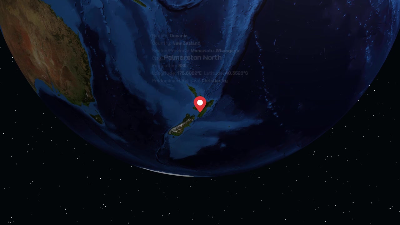 Digital globe rotates and zooms into New Zealand, highlighting Palmerston North with geographic information