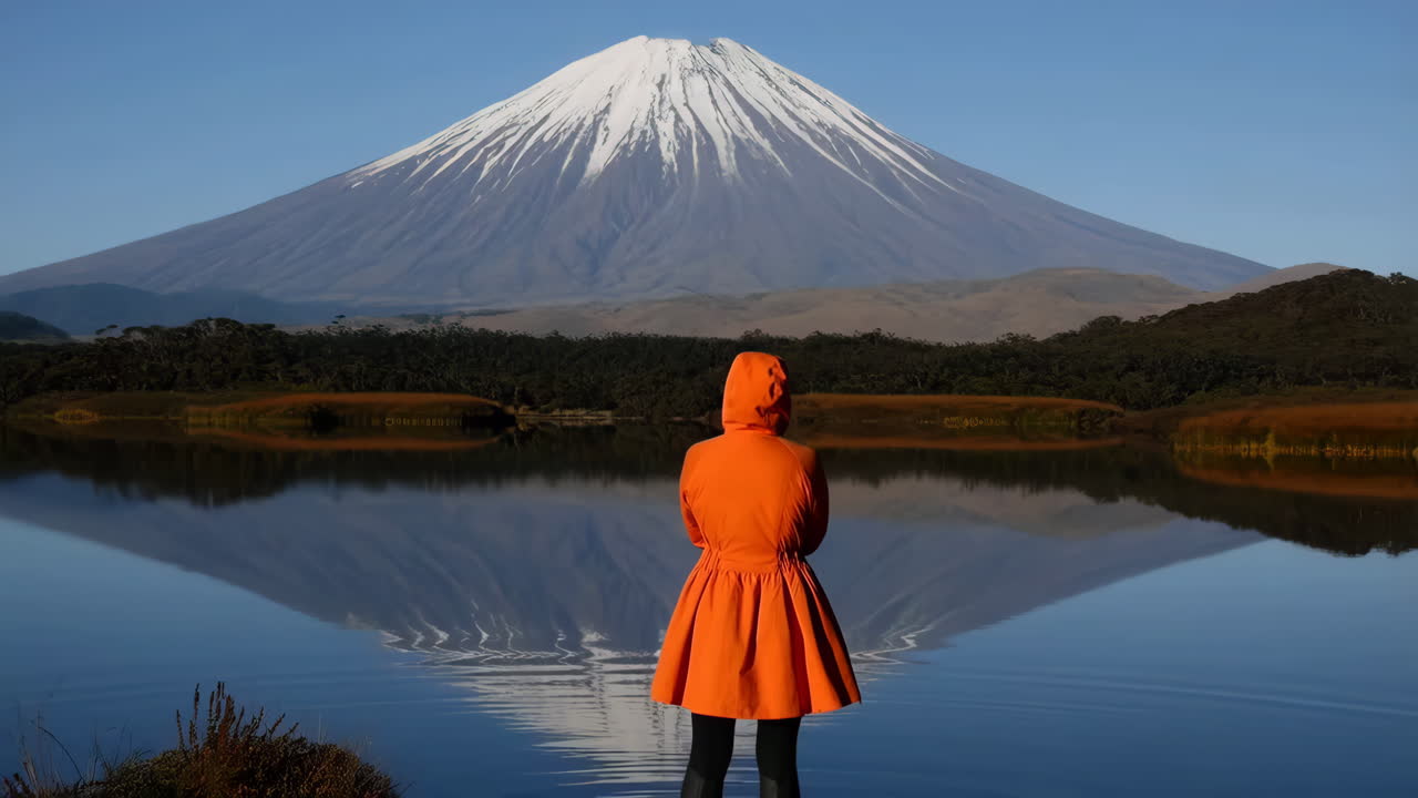 Person in orange coat admiring a snow-capped mountain reflected in a lake