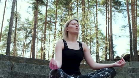 una mujer meditando en un bosque.