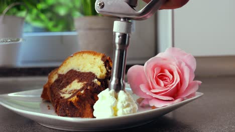 static medium shot of a delicious marble cake while a cream dispenser sprays soft and creamy whipped cream on top for a delicious dessert with cake and coffee