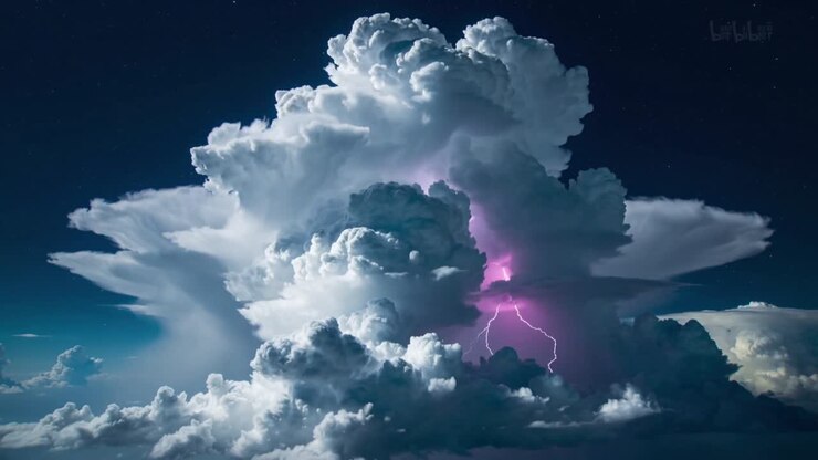 Bagliore interno di un edificio, torre cumulonembo che emette lampi viola di notte con cielo stellato.