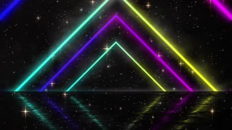 digital animation of colorful neon triangles against shining stars on black background