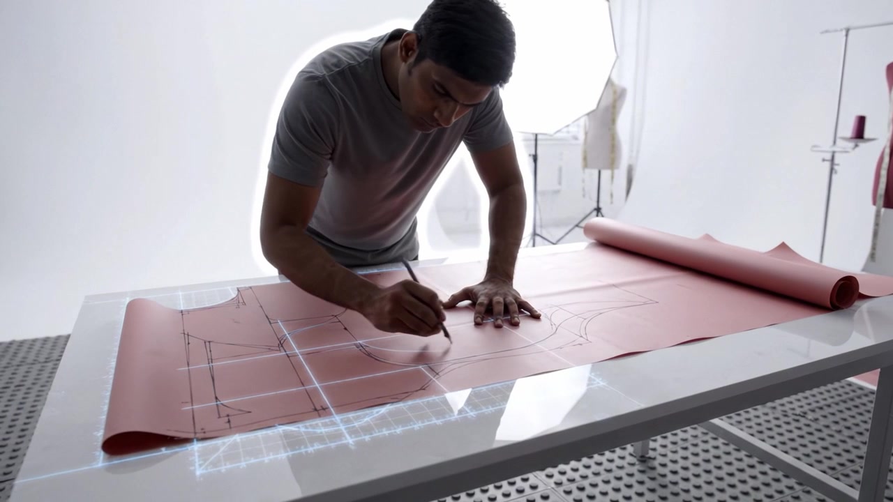 Processo di design della moda: un professionista crea intricati modelli di cucito su carta rossa vivace, concentrato in un ambiente di studio ben illuminato.